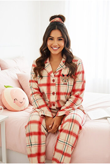 Siyah İnci Red Plaid Pattern Embroidered Plus Size Buttoned Knitted Winter Fleece Pajamas Suit 7957