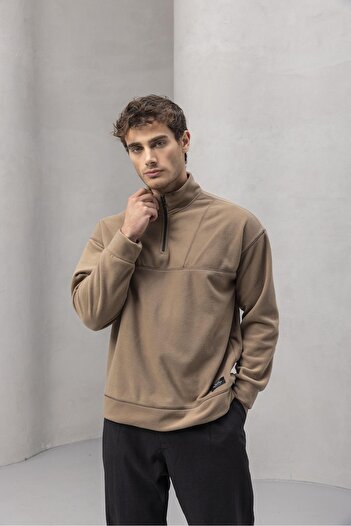 Valiberta Crowe Stripe Oversize Half Zipper Fleece Men's Sweatshirt - Beige