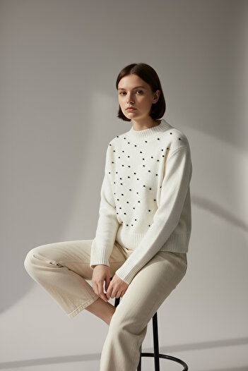 NEWCO Perle STONE Detaliat Tricotat Model de tricotaj casual Pulover Gâtul rotund Potrivire confortabilă Model șic de zi cu zi