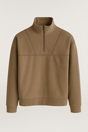 Valiberta Crowe Stripe Oversize Half Zipper Fleece Men's Sweatshirt - Beige