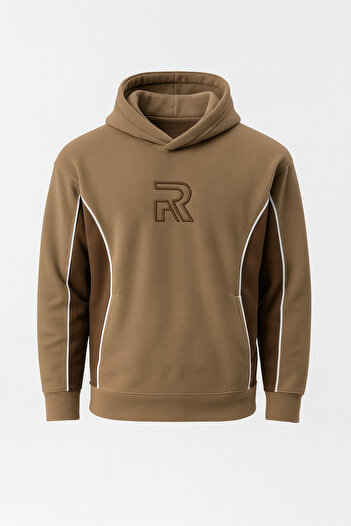 Valiberta Frank Patchwork Contrast Patterned Hooded Oversize Pocketed Fleece Men's Sweatshirt - Beige