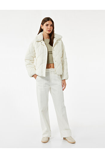 Koton Faux Fur Collar Long Sleeve Zipper Pocket Quilted Jacket