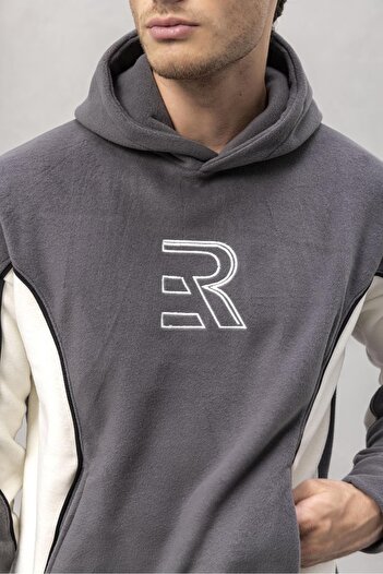 Valiberta Frank Parçalı Kontrast Desenli Kapüşonlu Oversize Cepli Polar Erkek Sweatshirt - Füme