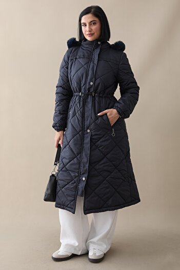 InStyle Καπιτονέ παλτό Navy Blue - Μαζευμένη μέση