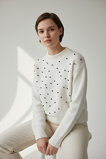NEWCO Perle STONE Detaliat Tricotat Model de tricotaj casual Pulover Gâtul rotund Potrivire confortabilă Model șic de zi cu zi