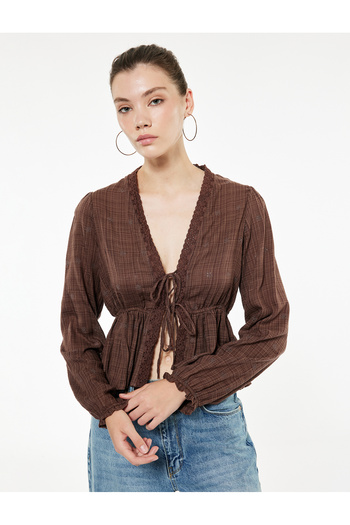 Koton Long Sleeve V Neck Viscose Blend Lace-Up Fisto Blouse