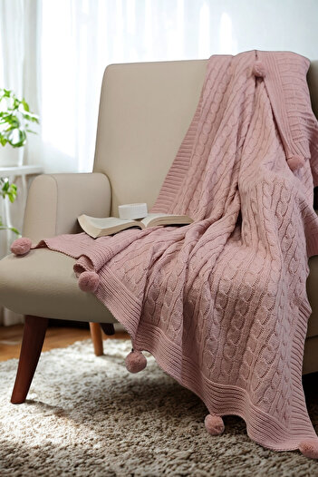 Sevim Pompom Knitwear Knitted Tv Blanket – Knitted Sofa & Shoulder Shawl & Knee Blanket – 130X170 cm – Powder
