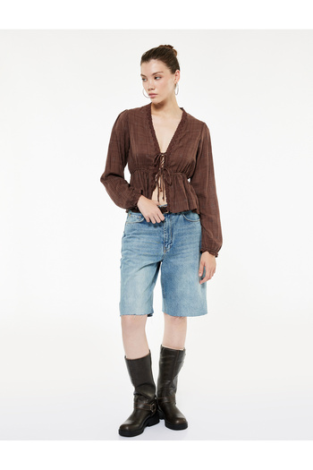 Koton Long Sleeve V Neck Viscose Blend Lace-Up Fisto Blouse