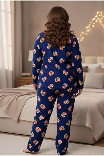 Siyah İnci lacivert kırmızı ayıcık yılbaşı temalı Büyük Beden Battal boy Düğmeli Örme Pamuklu Pijama Takımı7617