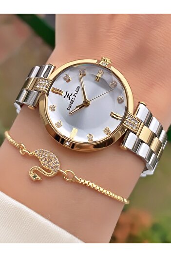 Daniel Klein Yellow Silver - Waterproof - 2 Years Warranty - Original - Women's Wristwatch - Gift Bracelet