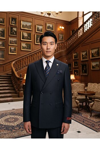 ilayda emir Italian Cut Double Breasted Striped Men's Suit
