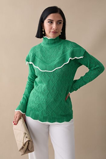 InStyle Alvi Ruffle Detailed Striped Knitwear Sweater - Green