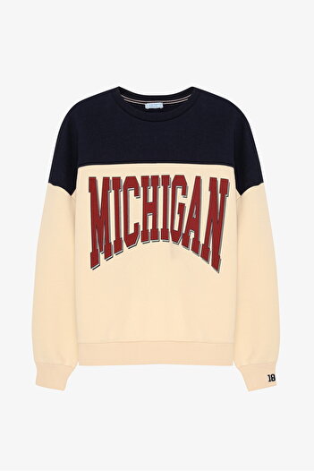Quzu Michigan Printed Oversize Sweatshirt Beige