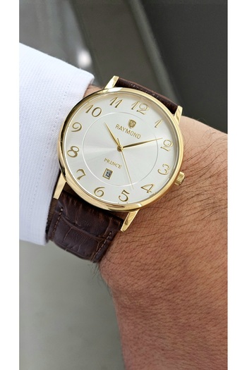Raymond Rym-631820Mz2 Quartz Classic Men's Watch-Steel Case -Leather Strap-2 Years Warranty Silver-Gold-Brown