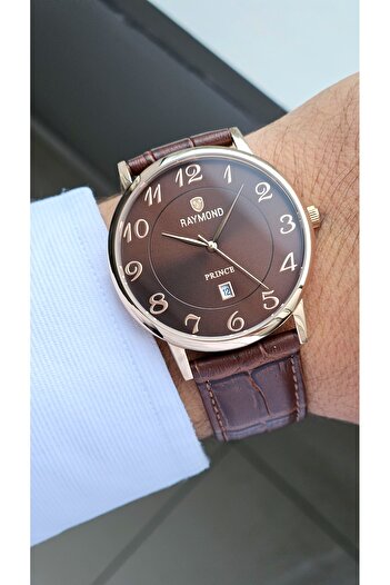 Raymond Rym-631820Mz2 Quartz Classic Men's Watch - Steel Case - Leather Strap - 2 Years Warranty Rose-Brown