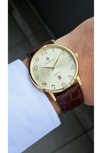 Raymond Rym-631820Mz2 Quartz Classic Men's Watch - Steel Case - Leather Strap - 2 Years Warranty Gold-Brown-Gold