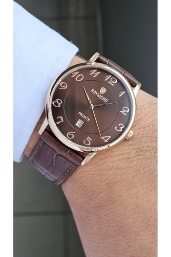 Raymond Rym-631820Mz2 Quartz Classic Men's Watch - Steel Case - Leather Strap - 2 Years Warranty Rose-Brown