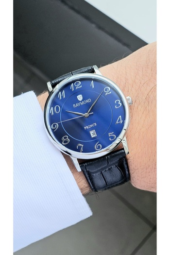 Raymond Rym-631820Mz2 Quartz Classic Men's Watch -Steel Case - Leather Strap - 2 Years Warranty Silver-Dark Blue