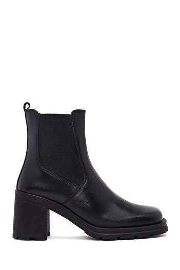 Derimod Women's Black Zippered Thick Heeled Leather Boots 25Wfd512118