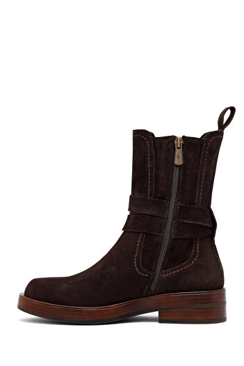 Derimod Women's Brown Zippered Suede Leather Boots 25Wfd202510