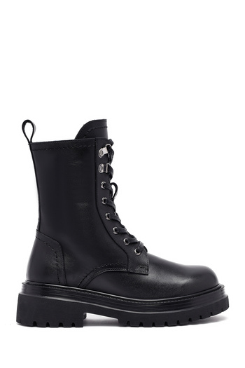 Derimod Women's Black Zippered Lace-Up Thick Soled Leather Boots 25Wfd202118
