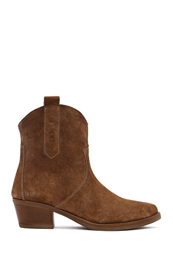 Derimod Women's Camel Short Thick Heeled Suede Leather Cowboy Boots 25Wfd511710