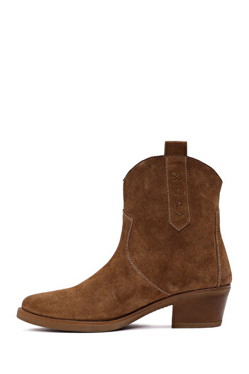 Derimod Women's Camel Short Thick Heeled Suede Leather Cowboy Boots 25Wfd511710