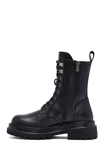 Derimod Women's Black Zippered Lace-Up Thick Soled Leather Boots 25Wfd202118