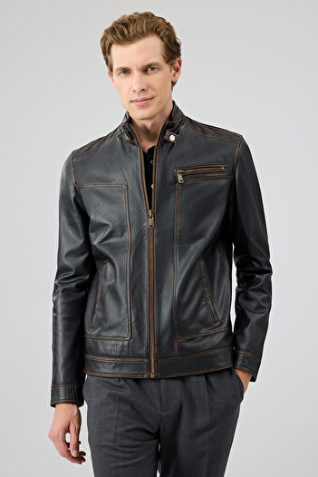 Derimod Felibe Men's Black Judge Collar Vintage Leather Jacket 25Wge6432Vd
