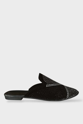 Liger Γυναικείες παντόφλες Suede Pointed Toe Stone Design ΜΑΥΡΟ - ΠΛΑΤΙΝΟ