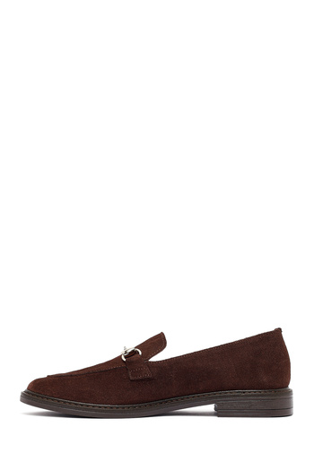 Derimod Women's Brown Buckle Suede Leather Loafer, Winter Shoes 25Afd130410