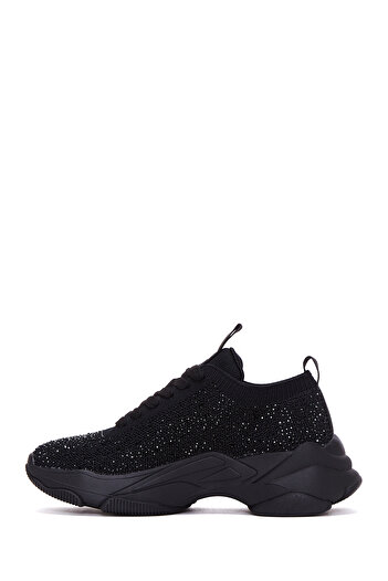 Derimod Zero Women's Black Lace-Up Thick Sole Stone Fabric Sneaker, Winter Sports Shoes 25Afd43006