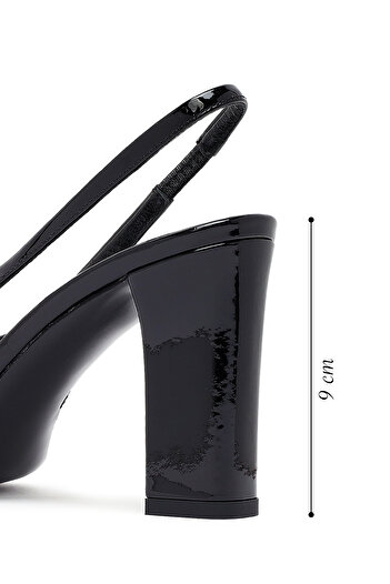 Derimod Women's Black Open Back Thick Heeled Patent Leather Shoes 25Afd121316