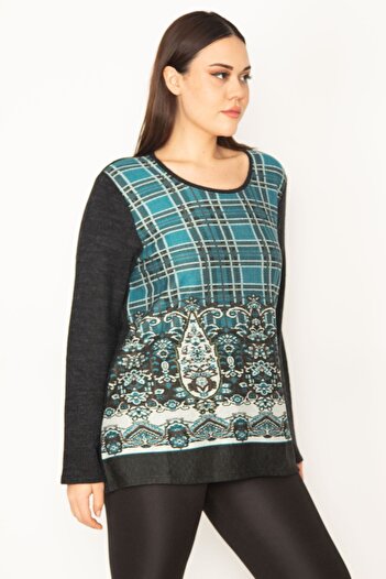 Şans Women's Large Size Green Crew Neck Front Patterned Tunic 65n31342
