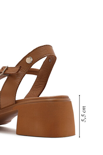 Derimod Women's Tan Ankle Buckle Short Thick Heeled Leather Sandals 25Sfd131018