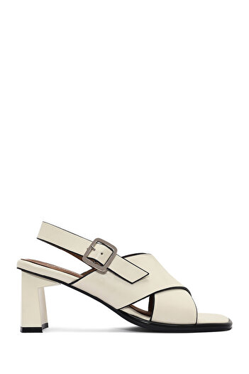 Derimod Women's Cream Ankle Buckle Thick Heeled Shoes Genuine Leather Sandals 25Sfd131118