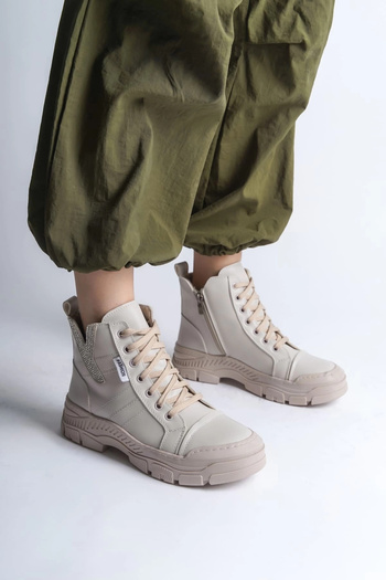 Joy Ayakkabı AMBER Lace Up Zipper Ορθοπεδική Σόλα Γυναικείες Μπότες KT - Κρέμα