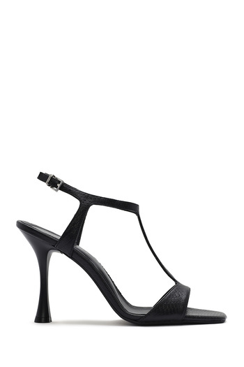 Derimod Women's Black Ankle Strap Patterned Leather Thin High Heels Shoes Sandals 25Sfd1614My