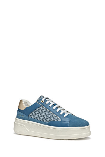 Geox Kadın Mavi D Spherica Ecub - 2 B - Em.Te + Su Bağcıklı Desenli Kalın Tabanlı Deri Sneaker D55WV