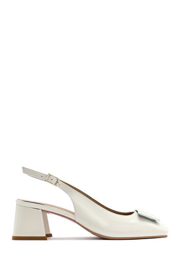 Derimod Women's Beige Ankle Buckle Open Back Short Thick Heeled Patent Leather Shoes 25Sfd182616