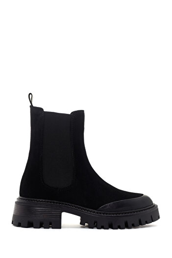 Derimod Women's Black Thick Soled Suede Leather Chelsea Boots 24Wfd 150610