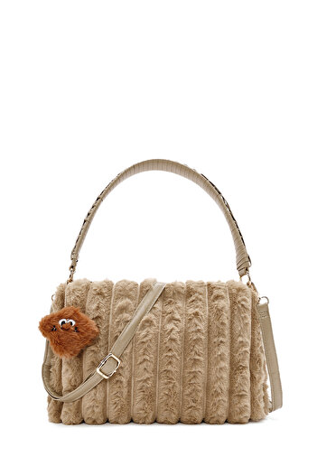 Derimod Women's Beige Plush Shoulder Bag with Accessory Detail 24Wbd2668Ph