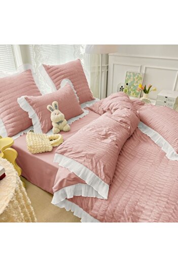 JOJO HOME Lenjerie creponata de pat dublu, finet, 6 piese, CRP-3, roz, 230 x 250