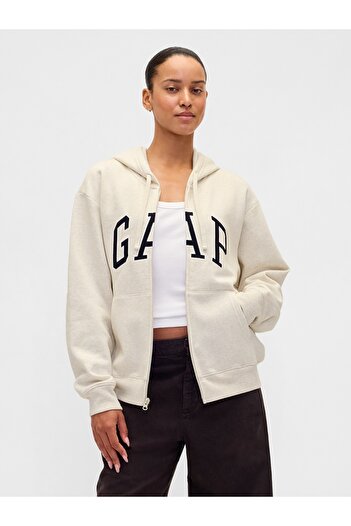 GAP Kadın Kırık Beyaz Gap Logo Relaxed Fleece Fermuarlı Sweatshirt