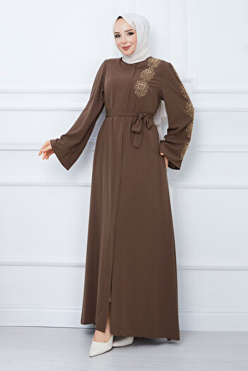 Tesettür Dünyası Rukojeť Bead Embroidered Belted Hijab Ferace TSD240203 Brown