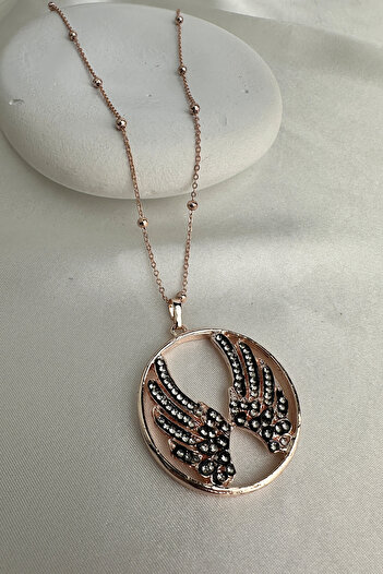 Modex Rose Color Stone Angel Wing Detail Necklace (72cm)