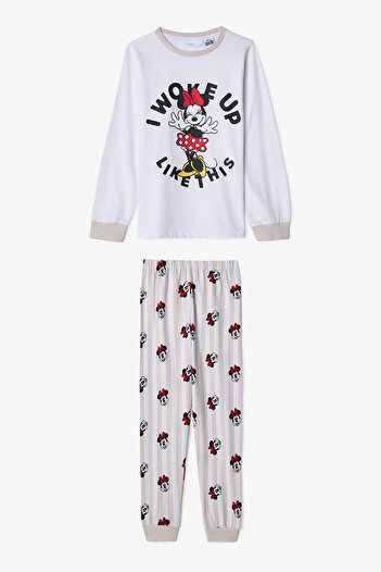 Penti Optical White Girl's Minnie Mouse Cotton Long Sleeve 2-Piece Pajama Set
