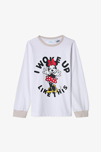 Penti Optical White Girl's Minnie Mouse Cotton Long Sleeve 2-Piece Pajama Set