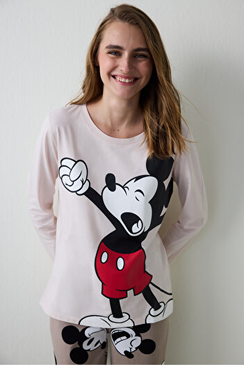 Penti Beige Mickey Mouse Printed Crew Neck Cotton Long Sleeve Pajama Set