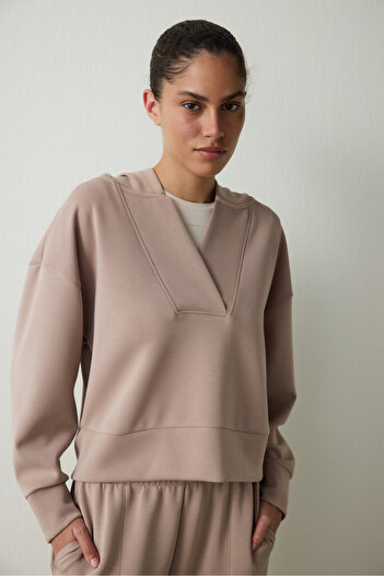 Penti Beige Hooded Modal Crop Sweatshirt